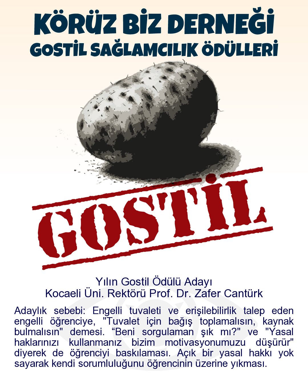 Gostil Kart: Yılın Gostil Ödülü Adayı: Kocaeli Üni. Rektörü Prof. Dr. Zafer Cantürk - Adaylık sebebi: Engelli tuvaleti ve erişilebilirlik talep eden engelli öğrenciye, "Tuvalet için bağış toplamalısın, kaynak bulmalısın" demesi. “Beni sorgulaman şık mı?" ve "Yasal haklarınızı kullanmanız bizim motivasyonumuzu düşürür" diyerek de öğrenciyi baskılaması. Açık bir yasal hakkı yok sayarak kendi sorumluluğunu öğrencinin üzerine yıkması.
