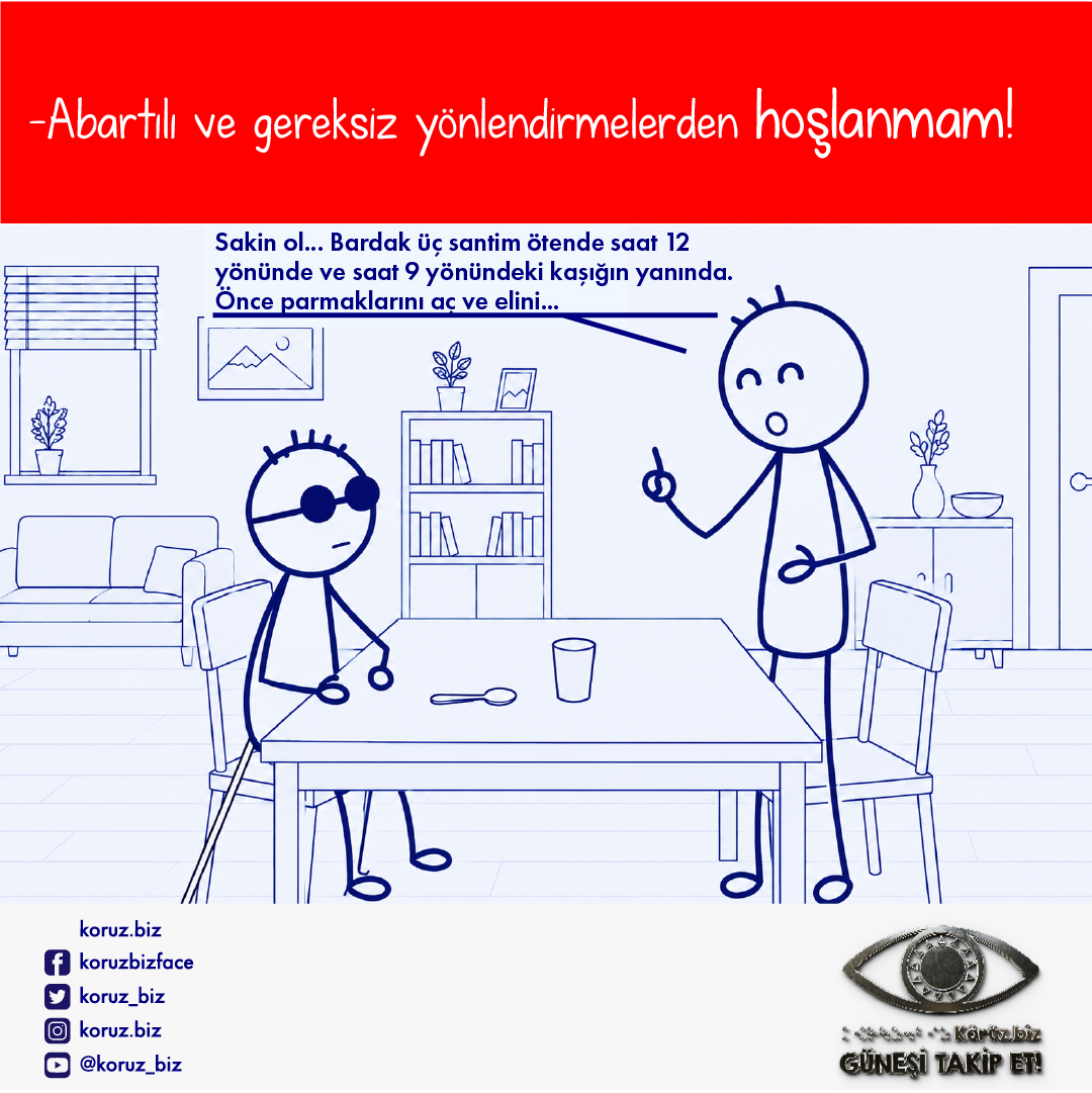 Görselde bir yemek masasında oturan kör bir kişi bulunuyor. Masanın üzerinde bir bardak ve bir kaşık yer alıyor. Etrafta kitaplık, çiçek saksısı gibi objeler bulunuyor. Körün Karşısında ayakta duran kişi parmağını kaldırmış şekilde uzun bir açıklama yapıyor. Konuşma balonunda şöyle yazıyor"Sakin ol… Bardak üç santim ötende saat 12 yönünde ve saat 9 yönündeki kaşığın yanında. Önce parmaklarını aç ve elini…"