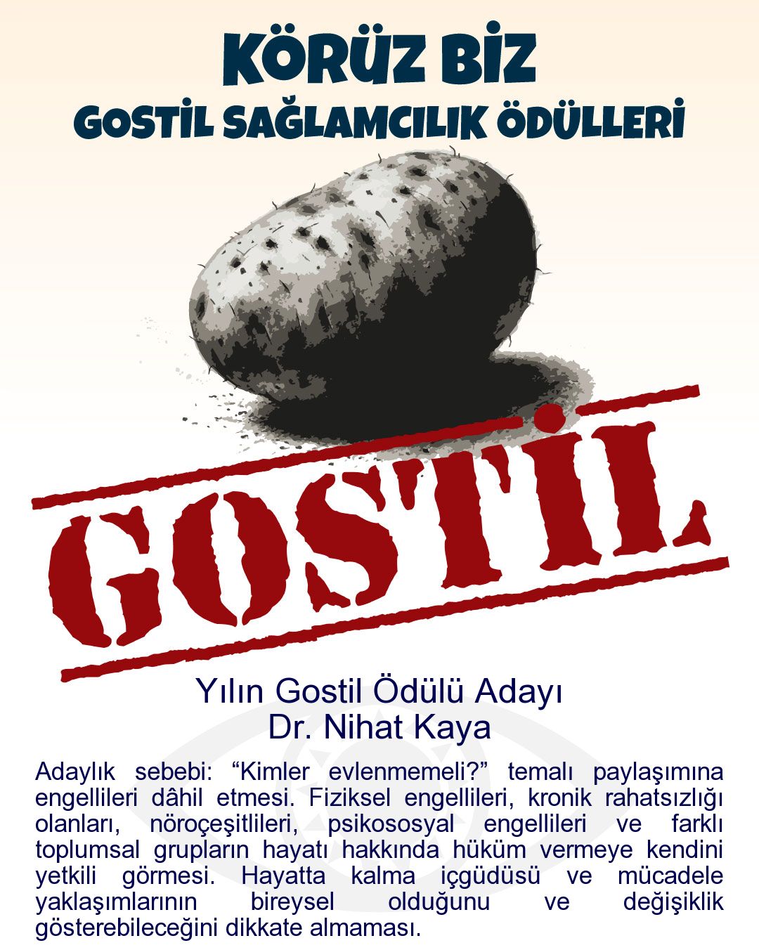 Gostil Kart: Yılın Gostil Ödülü Adayı: Dr. Nihat Kaya - Adaylık sebebi: “Kimler evlenmemeli?” temalı paylaşımına engellileri dâhil etmesi. Fiziksel engellileri, kronik rahatsızlığı olanları, nöroçeşitlileri, psikososyal engellileri ve farklı toplumsal grupların hayatı hakkında hüküm vermeye kendini yetkili görmesi. Hayatta kalma içgüdüsü ve mücadele yaklaşımlarının bireysel olduğunu ve değişiklik gösterebileceğini dikkate almaması.